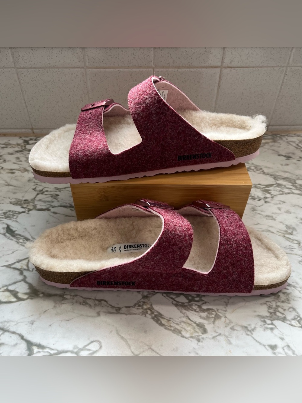 Birkenstock Arizona Happy Lamb Wool  Slide Sandals in Berry Pink